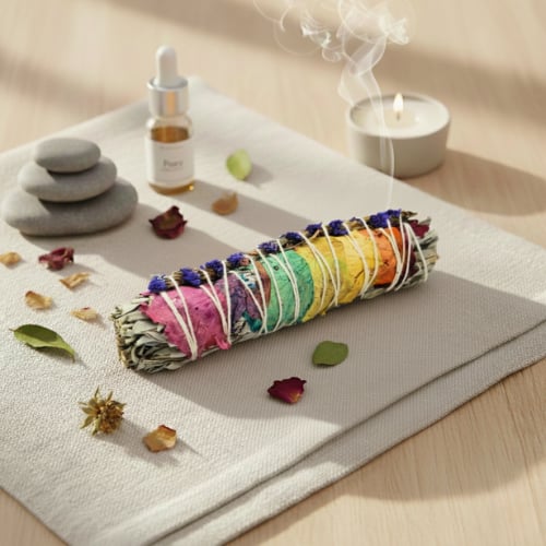 Bâton de sauge enveloppé de fils multicolores des chakras
