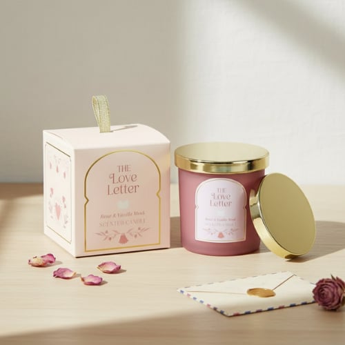 Bougie rose en forme d'enveloppe avec message romantique
