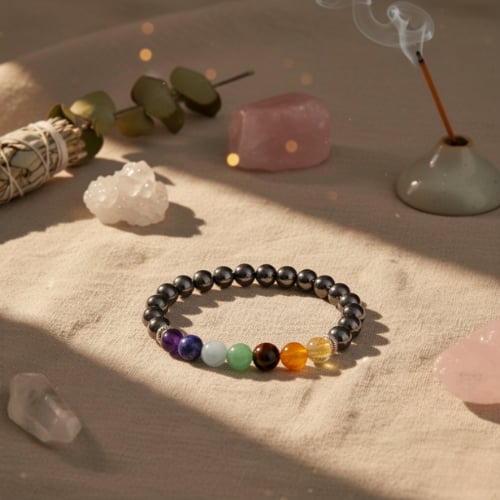 Bracelet avec perles hématite grises et pierres colorées des chakras