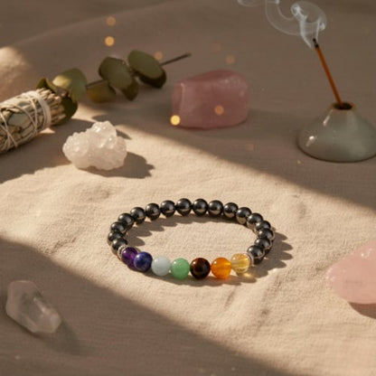 Bracelet avec perles hématite grises et pierres colorées des chakras
