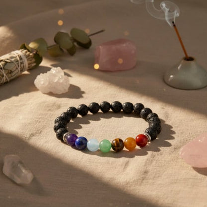 Bracelet en pierres de lave noires et perles multicolores