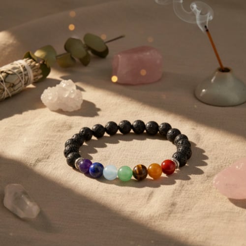 Bracelet en pierres de lave noires et perles multicolores