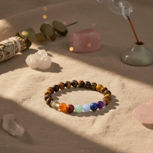 Bracelet combinant œil de tigre doré et pierres des chakras