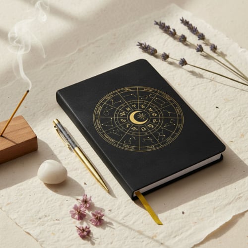 Carnet relié avec roue astrologique en couverture et stylo assorti