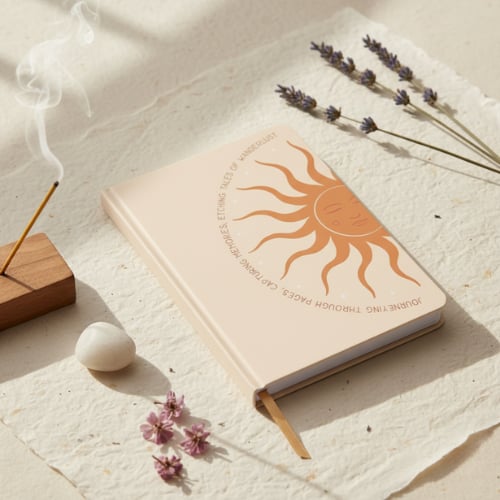 Carnet doré décoré d'un symbole soleil rayonnant