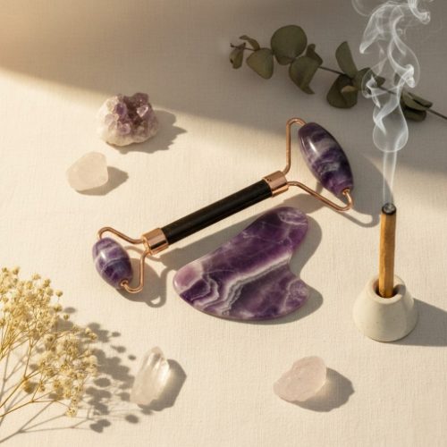 Coffret cadeau contenant améthyste et accessoires bien-être