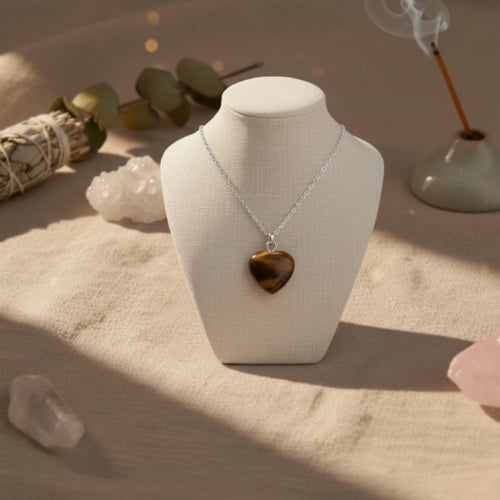 Pendentif cœur en œil de tigre doré sur collier