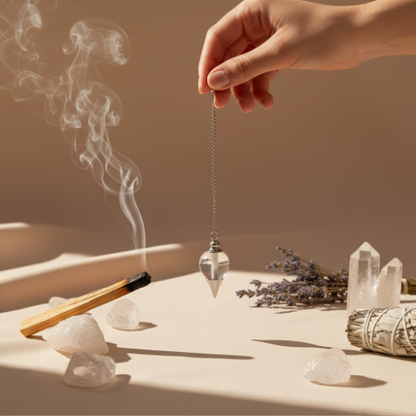 Pendule divinatoire transparent en cristal de roche avec chaîne