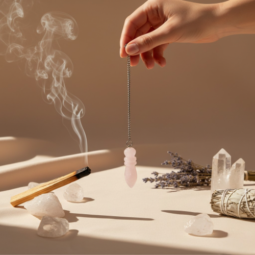 Pendule divinatoire rose en quartz rose avec chaînette argentée