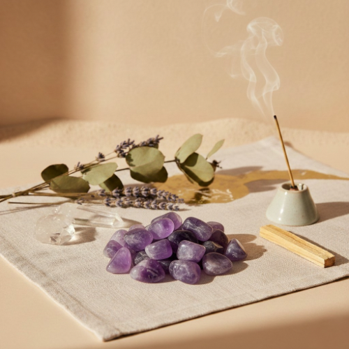 Pierre roulée en améthyste violette polie sur fond neutre