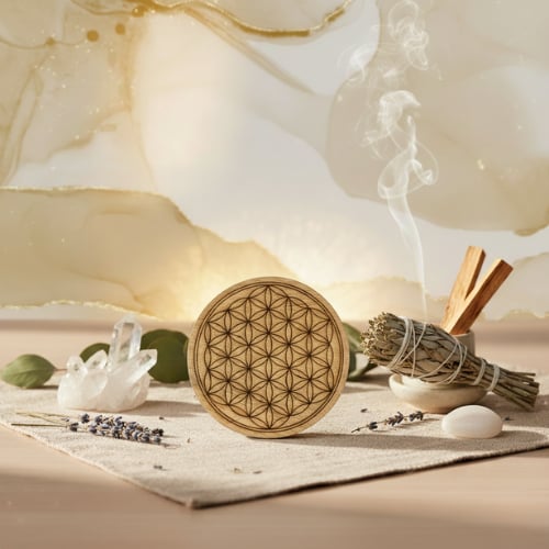 Plaque décorative en bois gravée du symbole Fleur de Vie