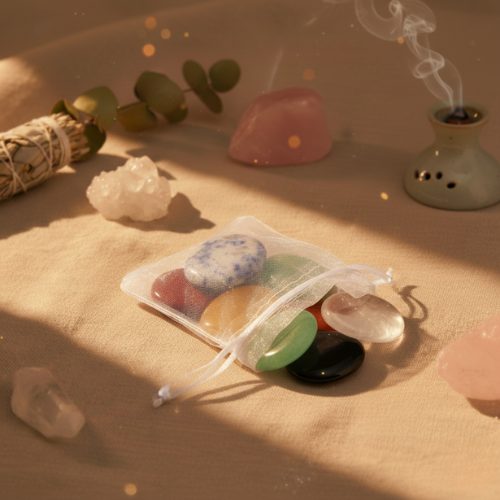 Set de sept galets colorés gravés des symboles chakras