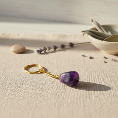 Porte-clés avec pierre brute d'améthyste violette