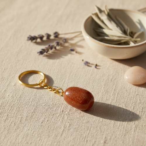 Porte-clés avec pierre de soleil orangée scintillante